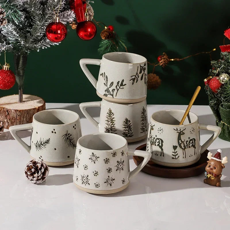 Creative Nordic Style Retro Ceramic Mug with Handle Heat-resistant Coffee Cup Christmas Elk Home Office Handmade Water Tea Cups