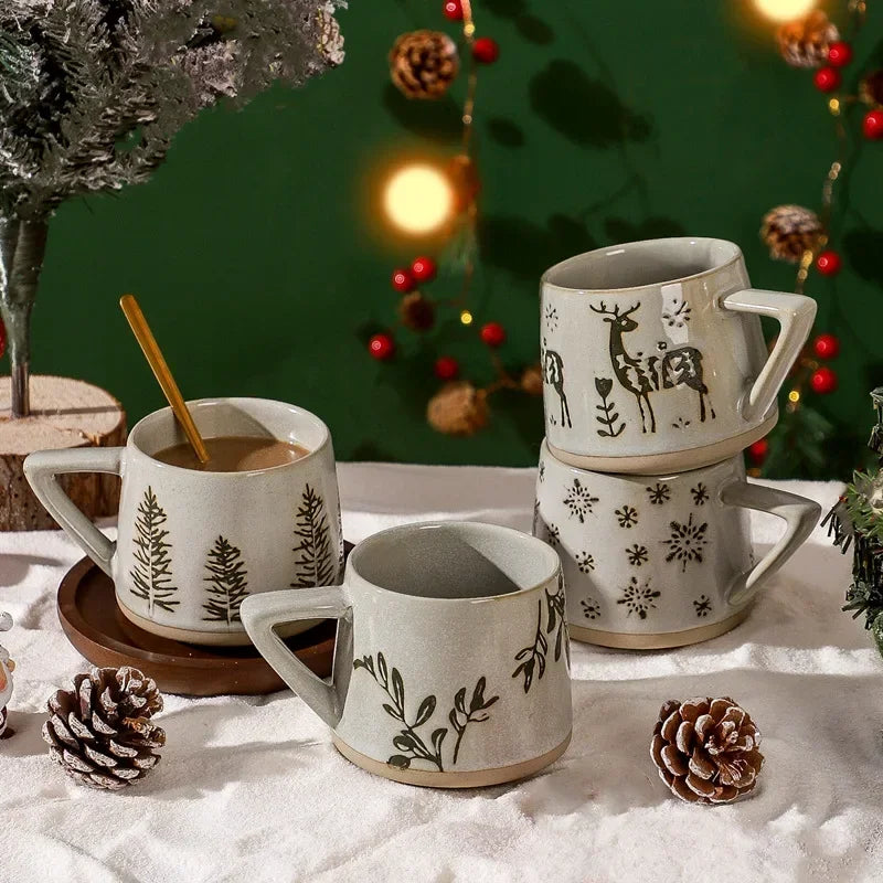 Creative Nordic Style Retro Ceramic Mug with Handle Heat-resistant Coffee Cup Christmas Elk Home Office Handmade Water Tea Cups