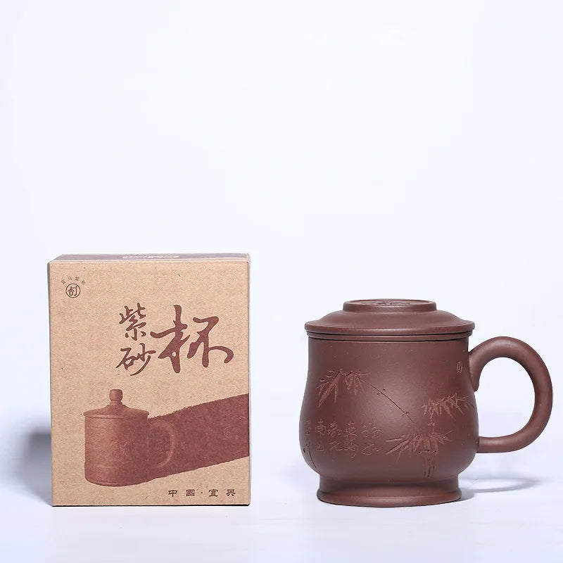 400ml Yixing Clay Teacup with Filter Master Handheld Household Office Infuser Kettle Hand Carved Bamboo Tea and Water Separation