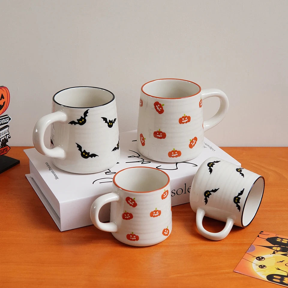1Pc Halloween Ceramic Mug, Circle Pattern Coffee Cup, Exquisite Pumpkin, Bat Pattern Small Capacity Coffee Espresso Cup, Suitable for Home Decoration Drinkware, Halloween Party Cold Drink Cup, Breakfast Yogurt Oatmeal Cup, Afternoon Tea Tea Cup, Gift Gift